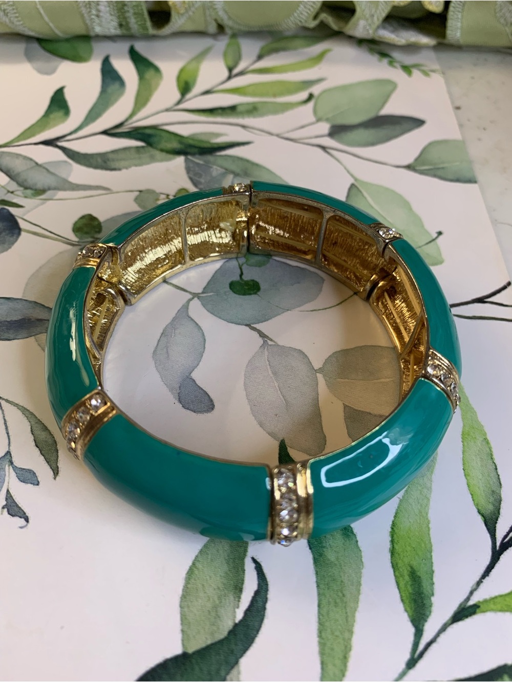 Gold-Tone Turquoise Hinged Bangle Bracelet with Rhinestones